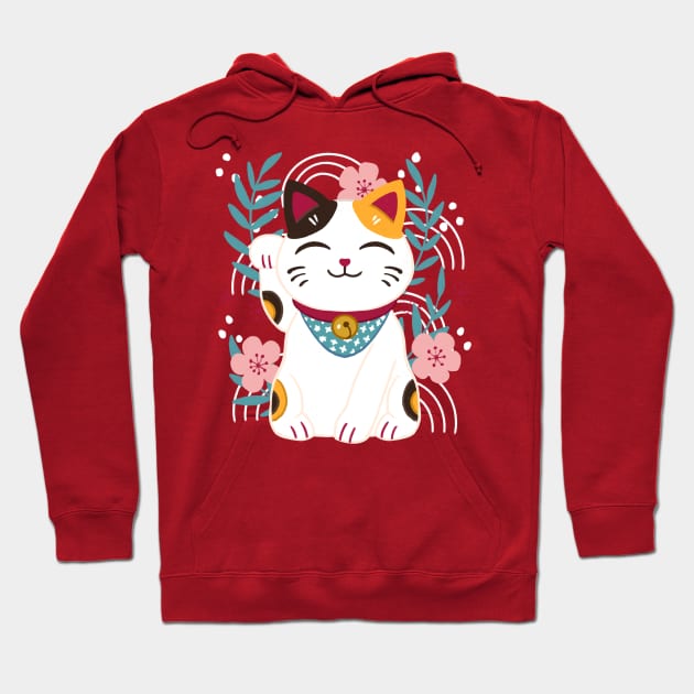 Japanese Lucky Cat With Cherry Blossoms Hoodie by Serena Archetti